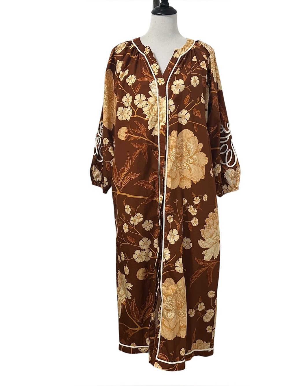TCEC Womens Floral Cotton Maxi Dress Sz Small Brown Button Up Long Sleeve